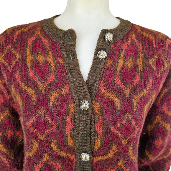 Edinburgh Women’s Mohair Blend Cardigan Sweater M Brown Red Pattern Knit Button - Picture 5 of 12